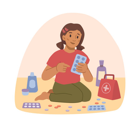 Kid danger at home, isolated girl playing with pills. Risk of medicine overdose or uncontrollable antibiotics usage. Flat cartoon, vector illustrationのイラスト素材