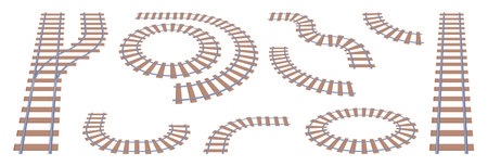 train transport parts and details for railway tracks. Connecting elements for transportation and locomotive riding. Flat cartoons, vector illustrationのイラスト素材