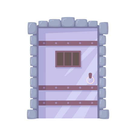 Ancient door with gate, retro entry exterior element and architecture. Isolated entrance with window to peek and handle to knock. Vector in flat style illustrationのイラスト素材