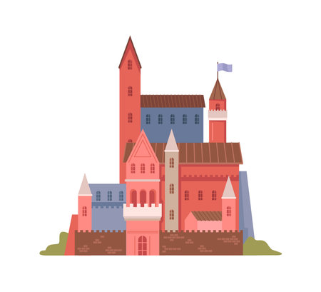 Historical or fairy tale castle with towers and exterior. Isolated citadel or keep, fortification or place for royalty. Residence or mansion. Vector in flat styleのイラスト素材