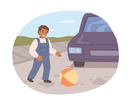 Kid playing ball on road with passing cars. Dangerous behavior of child, unwatched by parents. Risks of outdoors activities. Flat cartoon, vector illustrationのイラスト素材