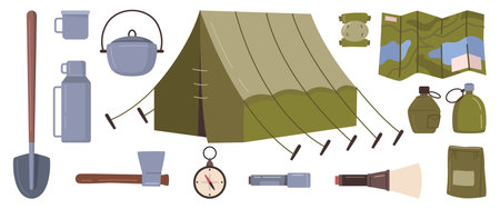 Soldiers military equipment, isolated tent and shovel for digging. Maps and grenades, clock and kitchenware for cooking. Flat cartoon, vector illustrationのイラスト素材