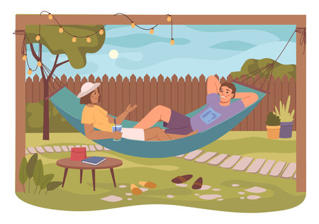Couple lying in hammock, drinking cocktails and talking. Garden or backyard furniture, spending weekends at home. Flat cartoon character, vector illustrationのイラスト素材