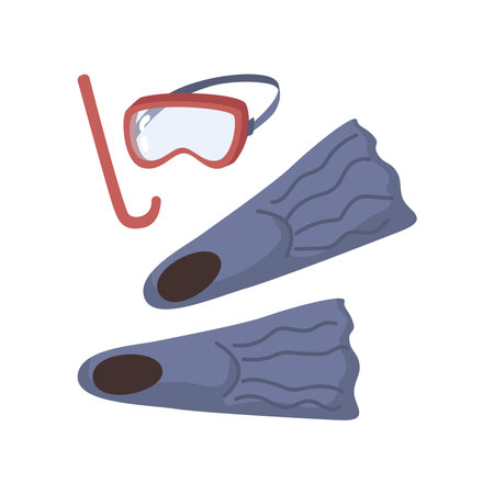 Snorkeling set for scuba diving hobby and underwater submerging. Isolated rubber flippers and mark glass with pipe for breathing. Vector in flat cartoon styleのイラスト素材