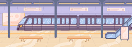 Railway station or metro, empty interior with benches to sit and wait. Train transportation and traveling, speedy commuting. Flat cartoon, vector illustrationのイラスト素材