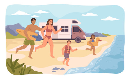 Family on vacation by seaside or coast. Mother and father with surfboard, kids in lifebuoy running into water. Traveling by car, parked RV camper. Vector in flat styleのイラスト素材