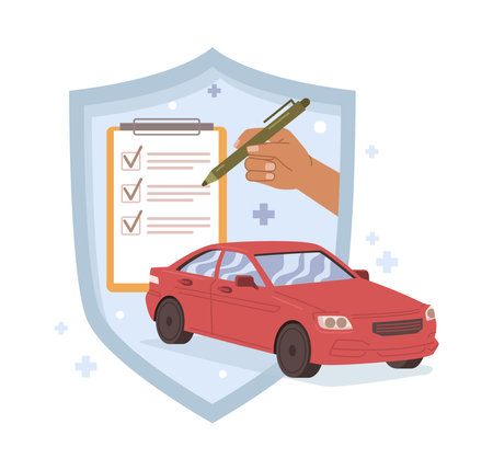 Signing car insurance agreement or deal. Coverage policy and guarantee for vehicle safety. Shield with automobile and checkboxes. Vector in flat styleのイラスト素材