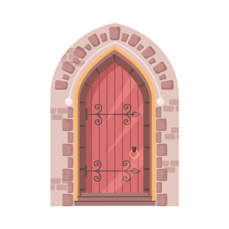 Historical building or castle doors exterior element, isolated facade of old structure. Wooden entryway in brick wall. Tourist sight vector in flat styleのイラスト素材