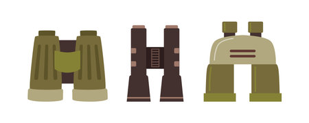 Binoculars for soldiers, military equipment and optic instruments. Optical zoom instrument with lens for viewing distant objects. Flat cartoon, vector illustrationのイラスト素材
