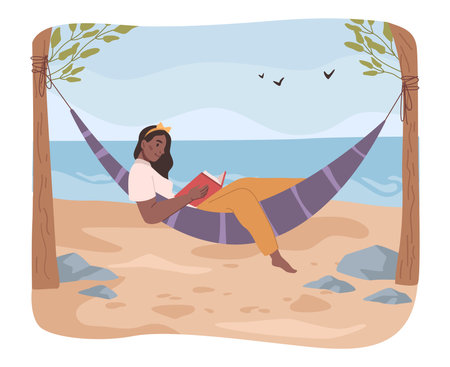 Female personage lying in hammock and reading book enjoying weekends by seaside. Girl on weekends or vacation. Flat cartoon character, vector illustrationのイラスト素材