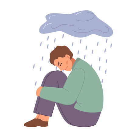 Emotional upset personage under cloud with rain, anxious and nervous person. Isolated man with problems and troubles, depressed and stressed. Vector in flat styleのイラスト素材