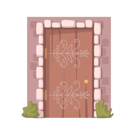 Gates of castle or stronghold, medieval architecture and buildings exterior and facade. Wooden doors in brick wall with plants by it. Vector in flat styleのイラスト素材