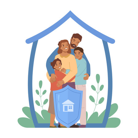 Property and family insurance policy. Isolated parents and children in safety. Protection and guarantee for security. Flat cartoon, vector illustrationのイラスト素材
