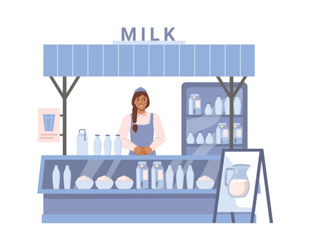 Milk street stall, isolated kiosk with assortment of dairy products from farm. Organic and natural ingredients for cooking. Flat cartoon, vector illustrationのイラスト素材