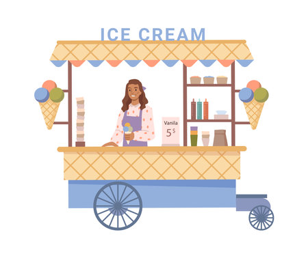 Ice cream stall with different tastes and delicious meals. Isolated kiosk with tasty food and desserts, shop in park. Flat cartoon, vector illustrationのイラスト素材