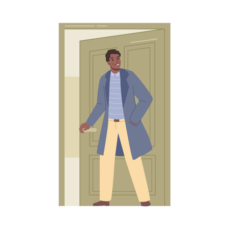Male character opening doors, person standing by entryway. Personage entering building and looking back. Guy in from of doors. Vector man in coat come back home in flat cartoon illustrationのイラスト素材