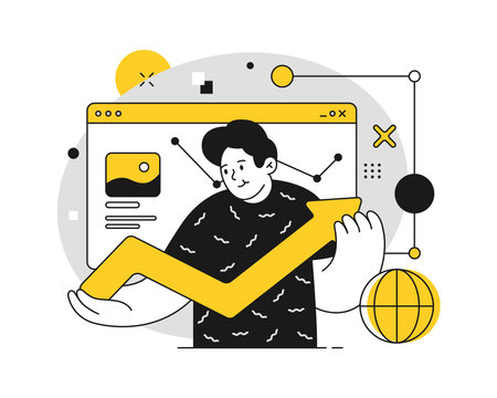 Employee working on business strategy for improving website conversion. Designer or programmer, analytics and planning approach. Vector in flat cartoon illustrationのイラスト素材