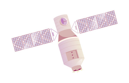 Space satellite for collecting data around planet. Isolated spaceship, galaxy exploration and universe discoveries. Vector in flat cartoon illustrationのイラスト素材