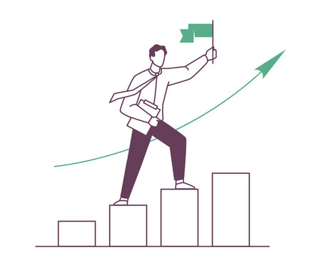 Businessman achieving goals, successful entrepreneur with business concept aim to move ahead. Isolated employee with flag on pedestal. Vector in flat cartoon illustrationのイラスト素材