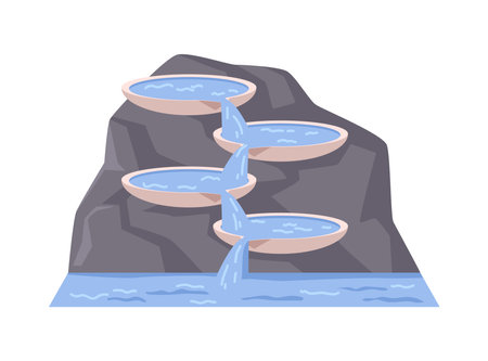 Fountain on rock with cascades and streams of water. Isolated decorative structure. Reservoir with pure water, pool. Vector in flat cartoon illustrationのイラスト素材