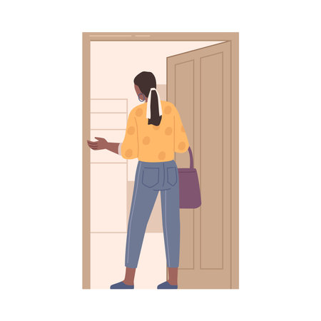 Female character opening doors, entering room or building. Woman back, girl standing in doorway entrance to house. Vector girl comes back home, flat cartoon illustrationのイラスト素材