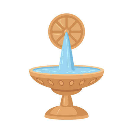 Fountain with water stream, isolated reservoir or pool with ornaments. Decorative statue or vase sculpture for exterior design and decor. Vector in flat cartoon illustrationのイラスト素材