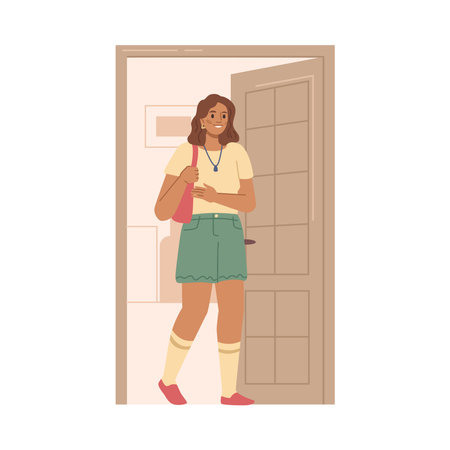 Female character standing by doorway entrance. Woman exiting building or room closing doors behind. Girl leaves apartment. Vector lady coming out in flat cartoon illustrationのイラスト素材