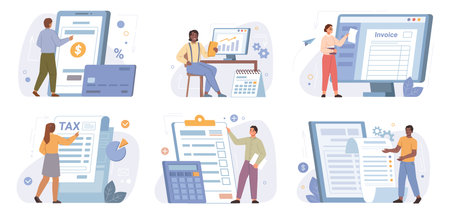 Tax payment vector illustration set. People with invoice tax bills, financial annual accounting, calculating and paying, budget analysis and transactions, payrolls flat cartoonのイラスト素材