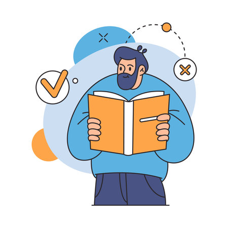 Man reading book with check tick mark and cross negativity sign, negative and positive sign flat cartoon vector illustration. Checkmark and stop wrong sign, fail in educationのイラスト素材