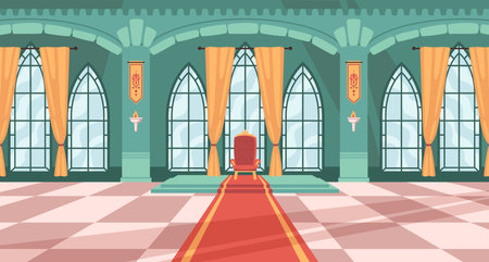 Castle royal ballroom interior with king chair, vector fairytale gallery scene with arch windows. Medieval hall for ball with curtains, dance hallway for monarchy wedding ceremonies, illustrationのイラスト素材