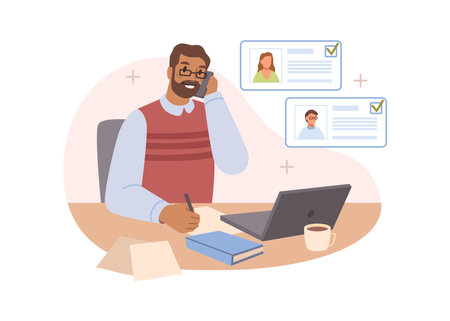 Job interview conversation HR manager and employee candidates, man sitting at table with computer and searching candidates. Business or human resource, resume or CV of potential workersのイラスト素材