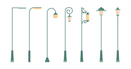 Lighting outdoor garden urban lamps, courtyard illumination metal lanterns. Flat cartoon vector illustration of outside or inside street or road lighting design elements, pillar lampのイラスト素材