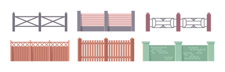 Fence icons set, park elements in flat cartoon style. Vector illustration of garden fences, wooden or brick railing, bakyard construction, home barriersのイラスト素材