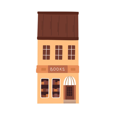 Bookstore with awning above entrance. Books in shop window on shelves. Street shop. Vector illustration, flat cartoon style books market facade. Small city business books buildingのイラスト素材