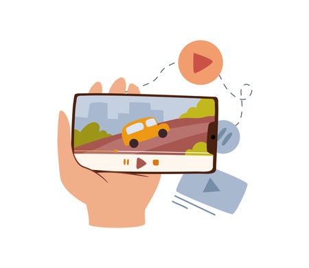 Hand holding mobile phone with mobile application, game with racing car, flat cartoon vector illustration. Car race on smartphone screen, motor rally game, movie on screenのイラスト素材