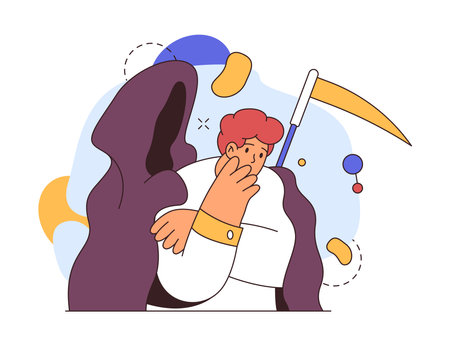 Man suffering from panic attack, fear of death flat cartoon vector illustration. Concept of fear of coming death or dead monster. Depressed man, fearful unhappy person suffer from nightmareのイラスト素材