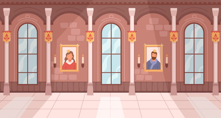 Castle royal ballroom interior cartoon background with monarch king and queen gallery portraits. Vector medieval hall for ball with arch windows. Dance hallway with column for monarchy weddingのイラスト素材