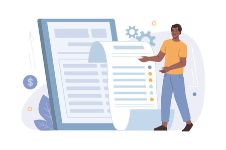 Man calculating paper documents, tax invoice bills, flat cartoon. Vector male hold big financial form with tips, payment receipt debit balance accounting, finance investment vector illustrationのイラスト素材