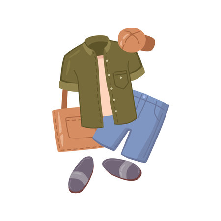 Stylish clothing for man, businessman summer look. Vector illustration of male summer cloth, summertime look of t-shirt, jeans shorts and shoes, bag and cap fashionable accessoriesのイラスト素材
