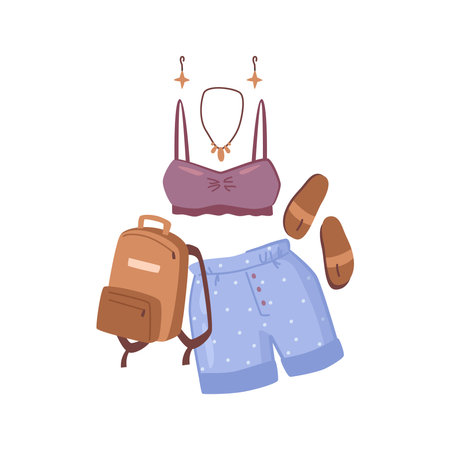 Woman summer clothing vector icon set. Shirts and top blouse, sandals and leather bag backpack, necklace and earrings accessories in flat cartoon style. Clothes collection, look of the dayのイラスト素材