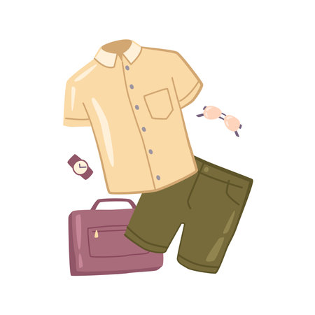 Male summer clothing and fashion accessories as bag, watch and summertime glasses in flat cartoon style. Stylish t-shirt and shorts, apparel for vacation vector illustrationのイラスト素材