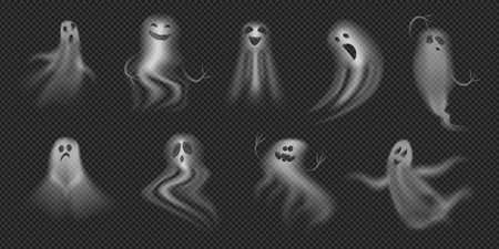 Halloween ghosts and apparitions of smoke with blur. Vector haunted house spirits and poltergeists, phantoms and supernatural creatures with screaming faces. Horror and frightのイラスト素材
