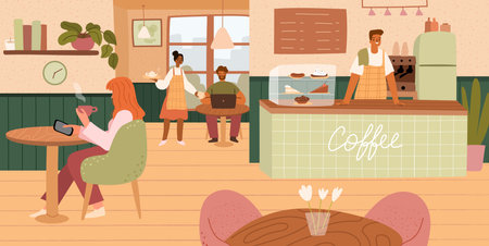 Cafe interior with visitors. Men and women eating and drinking vector cartoon flat concept. People in coffee house interior, friends sitting at table in restaurant, bar counter, waiter and customersのイラスト素材