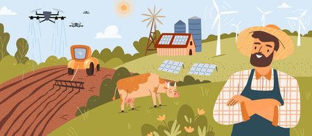 Smart farm, modern agricultural technology system with solar panels and windmills, use of computers to help work and manage the farming business, happy farmer and flying drones, cartoon illustrationのイラスト素材