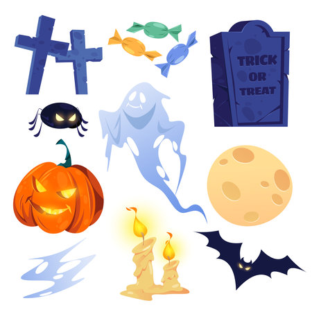 Tombstone and cross from cemetery, Halloween pumpkin light and candies. Vector flat full moon and spider, flying bat and melting candles, holiday celebration. Party decorationのイラスト素材