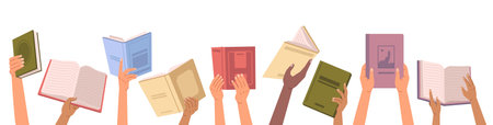 Book in hands, back to school, literature and textbook sharing, bookcrossing, education and knowledge concept, vector illustration. Diverse hands holding books, culture festival, library dayのイラスト素材