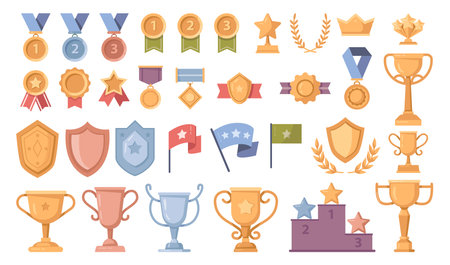 Set of trophy or awards for winners isolated. Golden, silver and bronze medals, cups and badges vector flat cartoon illustration. Championship and triumph symbols of successのイラスト素材