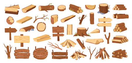 Wood tree logs, stumps and trunks, wooden pieces flat cartoon vector illustration. Lumber and firewood cut branches, lumberjack materials, campfire and woodwork planks big set collectionのイラスト素材