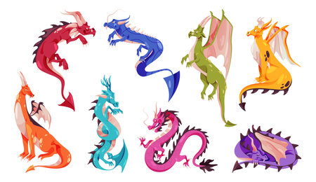 Fairy tale dragons, magic creature with tail and wings. Vector fantasy flying beasts, prehistoric animals cartoon characters. Fire breathing monsters from medieval mythologyのイラスト素材