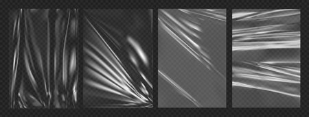 Crumpled plastic, glued paper wrinkled foil effect, vector realistic background set. Crumpled and greased wrinkles texture, isolated blank templates. Badly wet glued paper or gray adhesive foilのイラスト素材